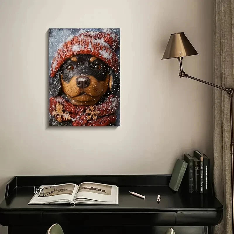 Adorable Rottweiler Puppy Wearing a Winter Painting 40x60cm Metal Print Ready to Hang