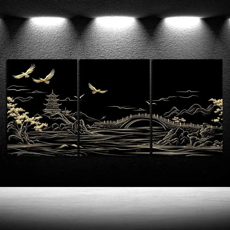 3pcs Beautiful Arch Bridge Black & White Metal Print Ready to Hang Art