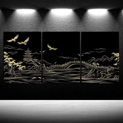 3pcs Beautiful Arch Bridge Black & White Metal Print Ready to Hang Art