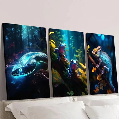 3pcs Blue Glowing Snake Frog & Chameleon Wall Art Canvas Unframed – High Quality Print 100% Australian Made Wall Canvas
