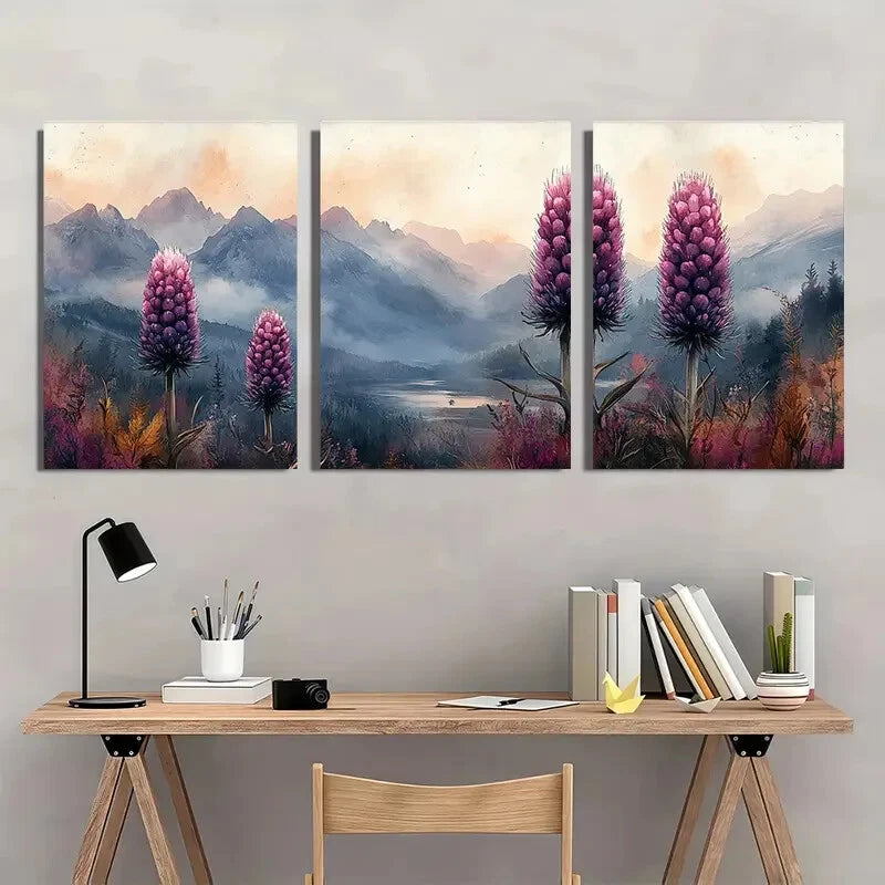 3pcs Watercolor Thistle & Mountain Scene Metal Print Ready to Hang Art