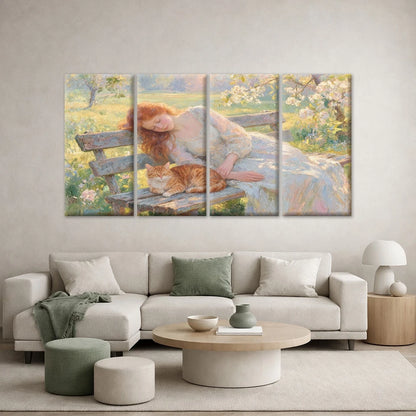 4pcs Woman and Cat Sleeping on Bench Wall Art Canvas Framed 45x80cm - High Quality Print 100% Australian Made Wall Canvas Ready to Hang