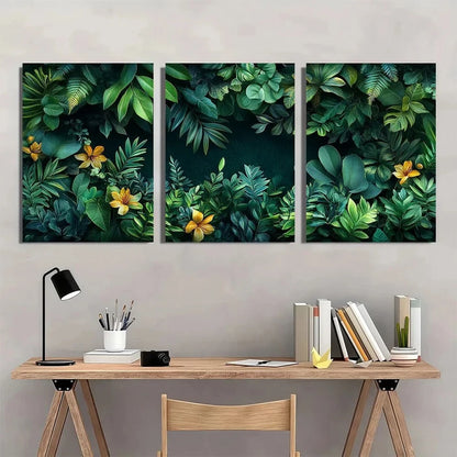 3pcs Vibrant Tropical Leaf & Flower Dark Green Metal Print Ready to Hang Art