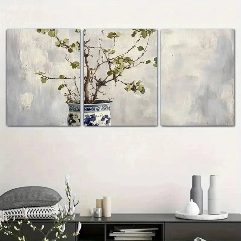 3pcs Blue & White Porcelain Vase with Branches Wall Art Set Canvas Framed 40x60cm - High Quality Print 100% Australian Made Wall Canvas Ready to Hang