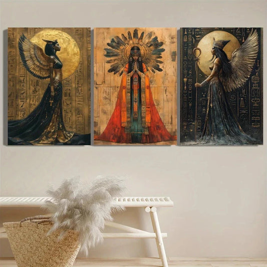 3pcs Egyptian Royal Figures with Ornate Symbols Metal Print Ready to Hang Art
