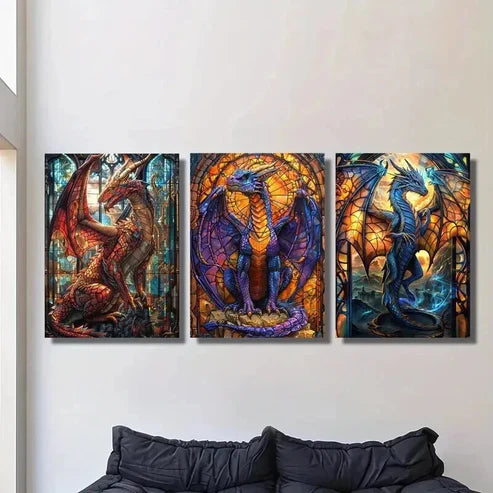 3pcs Vibrant Majestic Dragon Paintings Wall Art Set Canvas Unframed - High Quality Print 100% Australian Made Wall Canvas