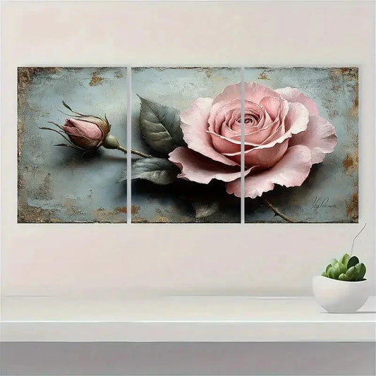 3pcs Elegant Pink and Grey Rose Metal Print Ready to Hang Art