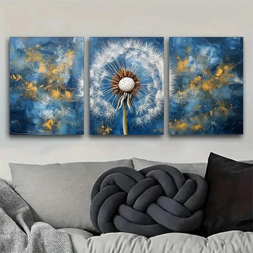 3pcs Abstract Blue And Golden Dandelion Decor Wall Art Set Canvas Unframed - High Quality Print 100% Australian Made Wall Canvas