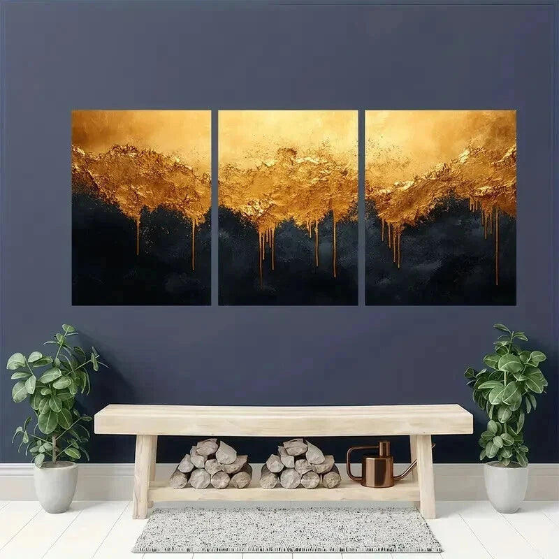 3pcs Vibrant Golden Black Design Wall Art Set Canvas Framed 40x60cm - High Quality Print 100% Australian Made Wall Canvas Ready to Hang