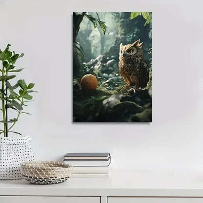 Enchanting Owl And Ball Jungle Scene Painting 40x60cm Metal Print Ready to Hang