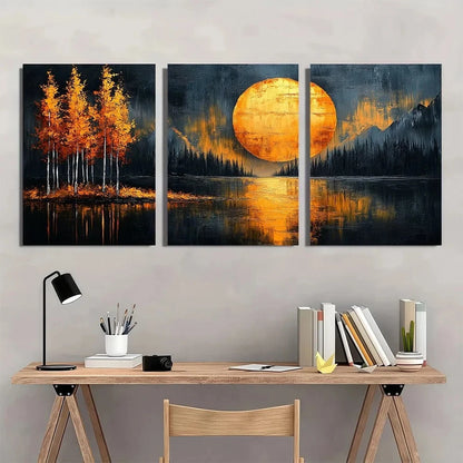 3pcs Golden Autumn Trees & Moonlit Waters Metal Print Ready to Hang Art