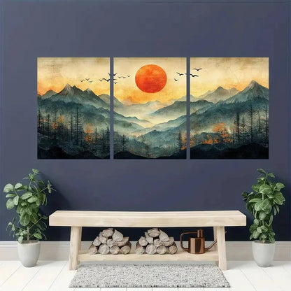 3pcs Mountain Landscape with Sun and Birds Wall Art Set Canvas Framed 40x60cm - High Quality Print 100% Australian Made Wall Canvas Ready to Hang
