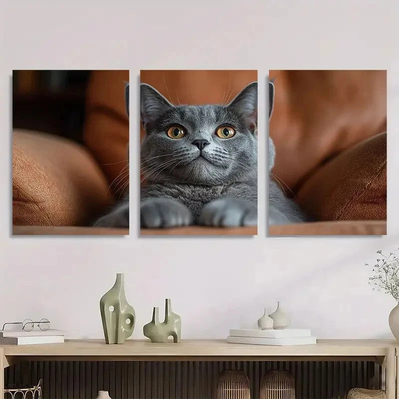 3pcs Gray Cat Brown Background Metal Print Ready to Hang Art