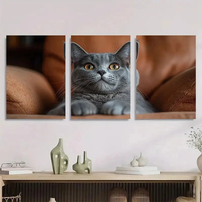 3pcs Gray Cat Brown Background Metal Print Ready to Hang Art
