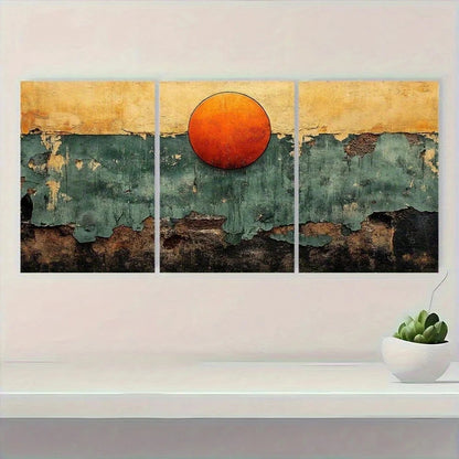 3pcs Orange and Green Abstract Neutral Metal Print Ready to Hang Art