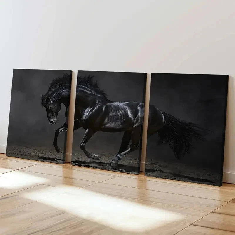 3pcs Black Horse Modern Decoration Wall Art Set Canvas Framed 40x60cm - High Quality Print 100% Australian Made Wall Canvas Ready to Hang