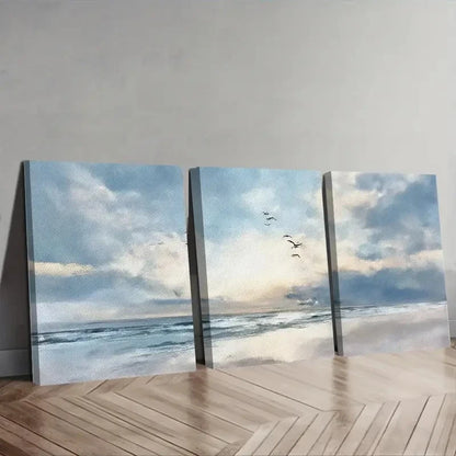 3pcs Serene Beach & Ocean Watercolor Birds Wall Art Set Canvas Framed 40x60cm - High Quality Print 100% Australian Made Wall Canvas Ready to Hang