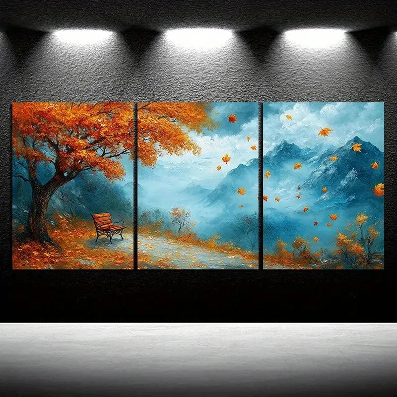 3pcs A Bench Under Autumn Leaves Mountain Metal Print Ready to Hang Art