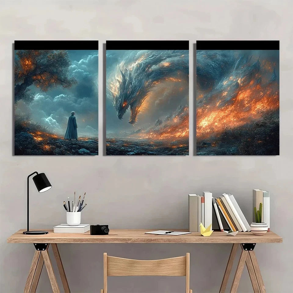 3pcs Mythical Dark Forest and Dragon Fantasy Metal Print Ready to Hang Art