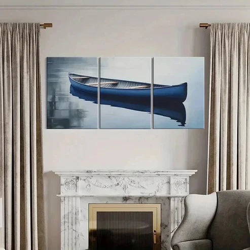 3pcs Serene Blue Canoe Reflections Wall Art Canvas Unframed - High Quality Print 100% Australian Made Wall Canvas