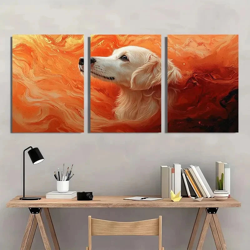 3pcs Vibrant Orange & White Dog Metal Print Ready to Hang Art