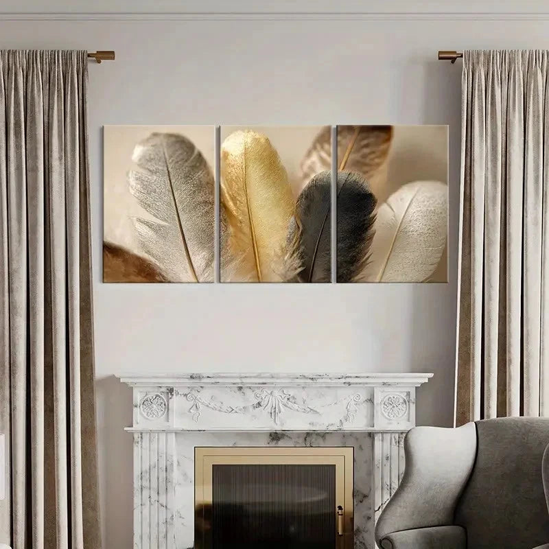 3pcs Feathers Golden Silvery Black White Decor Wall Art Set Canvas Framed 60x90cm - High Quality Print 100% Australian Made Wall Canvas Ready to Hang