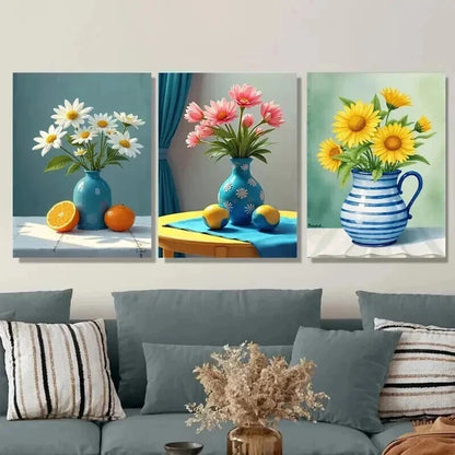 3pcs Beautiful Floral Vibrant Flowers & Fruits Wall Art Set Canvas Framed 50x70cm - High Quality Print 100% Australian Made Wall Canvas Ready to Hang