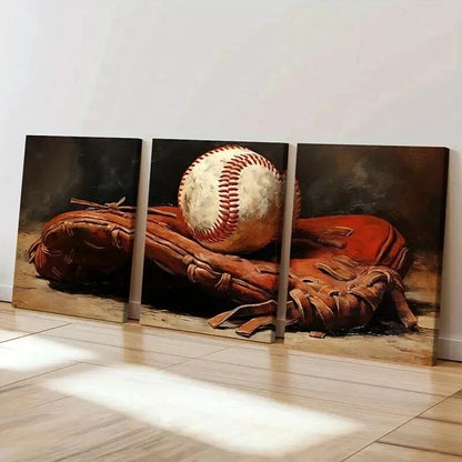 3pcs Vintage Inspired Baseball and Glove Wall Art Set Canvas Framed 40x60cm - High Quality Print 100% Australian Made Wall Canvas Ready to Hang