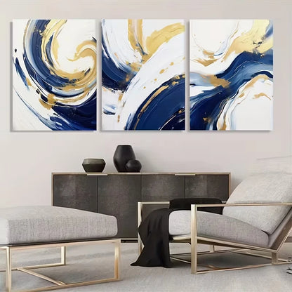 3pcs Navy Blue and Golden Watercolor Shapes  Wall Art Set Canvas Framed 60x90cm - High Quality Print 100% Australian Made Wall Canvas Ready to Hang