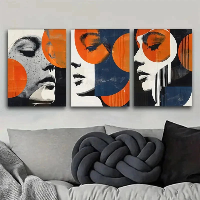 3pcs Female Figure with Geometric Elements Metal Print Ready to Hang Art
