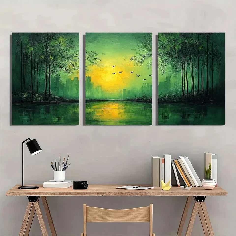 3pcs Green Abstract Nature Oil Painting Metal Print Ready to Hang Art