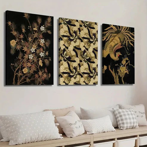 3pcs Dark Japanese Botanical Floral & Bird Wall Art Set Canvas Unframed - High Quality Print 100% Australian Made Wall Canvas
