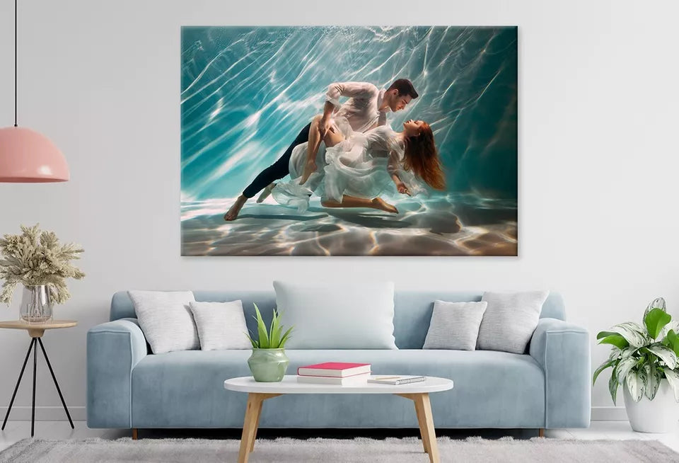 Happy Couple Swimming Underwater  Wall Art Decor 100% Australian Made