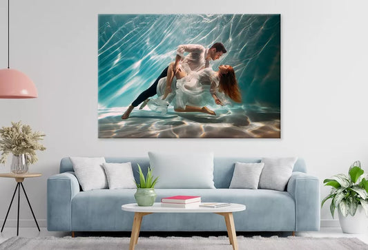 Happy Couple Swimming Underwater  Wall Art Decor 100% Australian Made