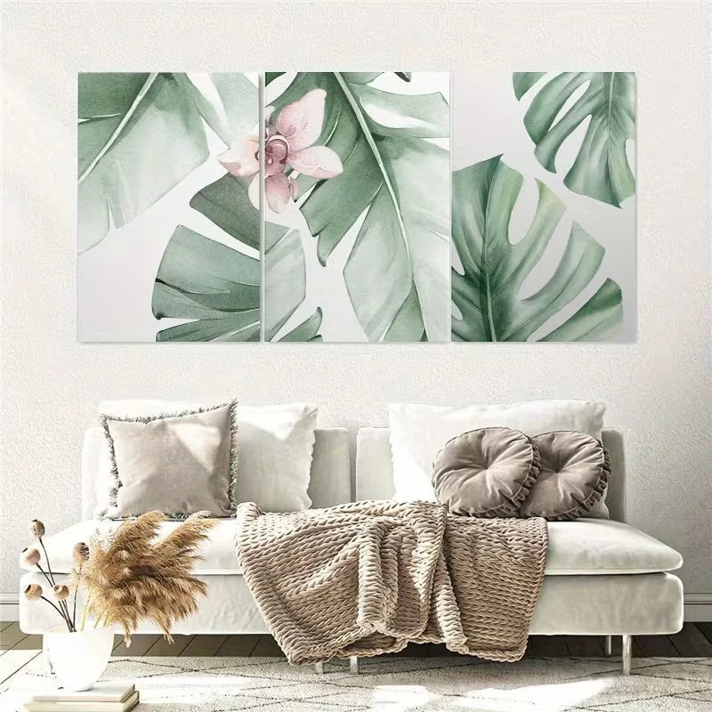 3pcs Green Tropical Monstera Leaf Wall Art Set Canvas Framed 50x70cm – High Quality Print 100% Australian Made Wall Canvas Ready to Hang