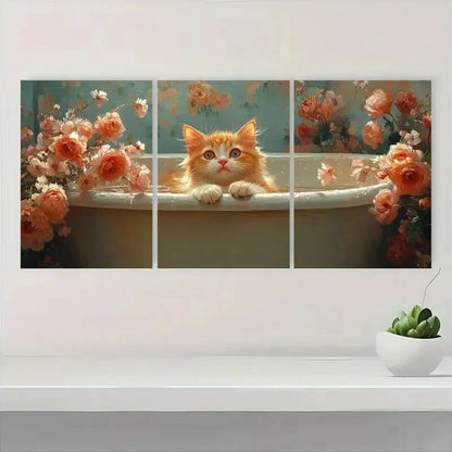 3pcs Cute Orange Cat in Bathtub Vibrant Floral Metal Print Ready to Hang Art