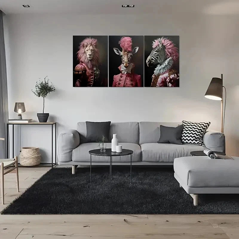 3pcs Royal Animal Lion Giraffe and Zebra Metal Print Ready to Hang Art