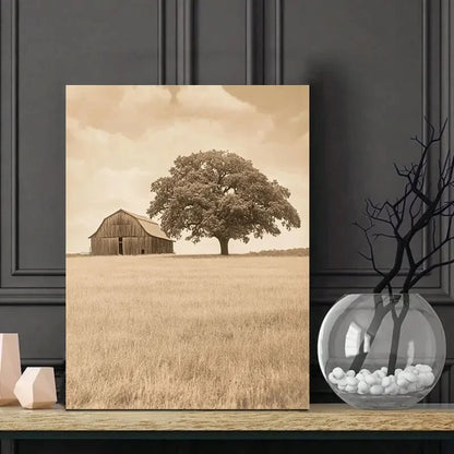Old Barn And Oak Tree Grainy Sepia Painting 40x60cm Metal Print Ready to Hang