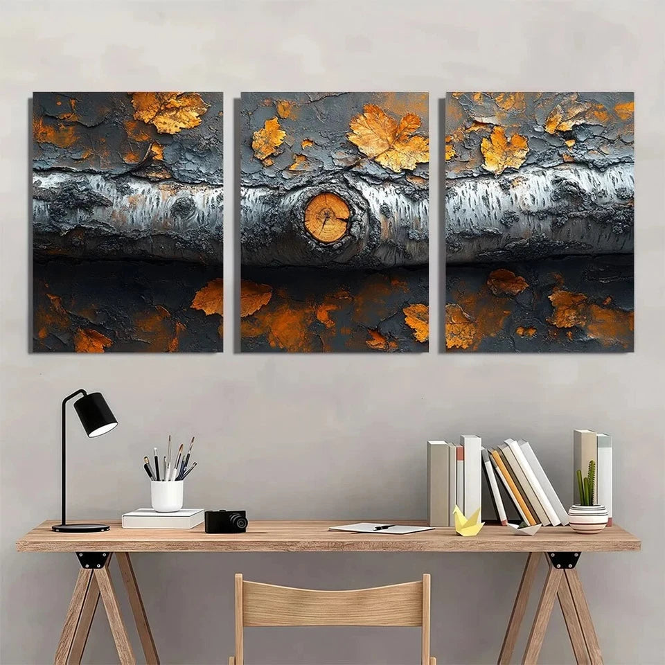 3pcs Birch Tree Trunk Bark Golden Leaves Metal Print Ready to Hang Art