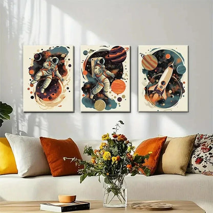 3pcs Astronauts Planets & Rockets Vibrant Ink Metal Print Ready to Hang Art