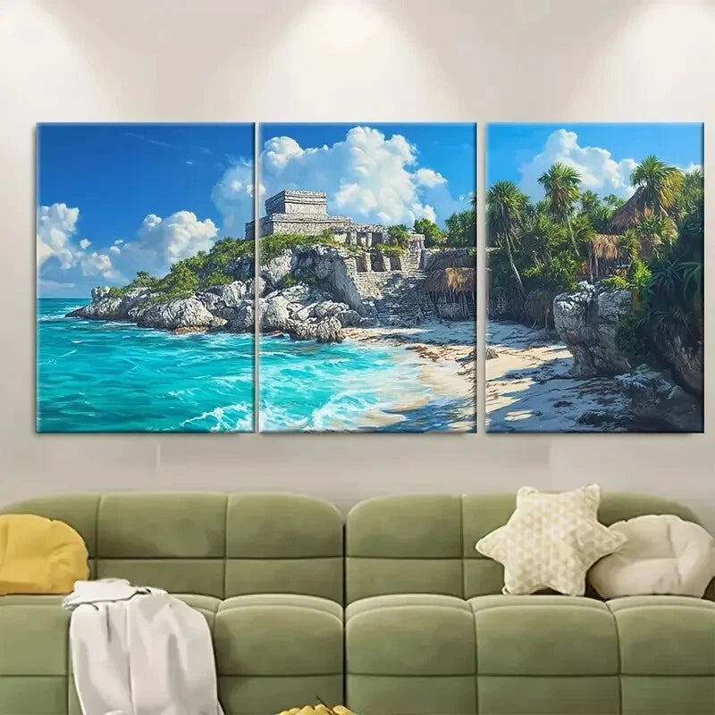 3pcs Serene Coastal Village Painting with Mayan Metal Print Ready to Hang Art