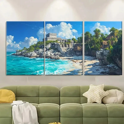 3pcs Serene Coastal Village Painting with Mayan Metal Print Ready to Hang Art