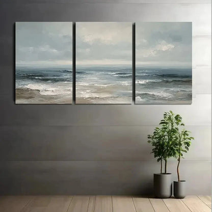 3pcs Ocean Waves Blue Gray Beige & Brown Coastal Metal Print Ready to Hang Art