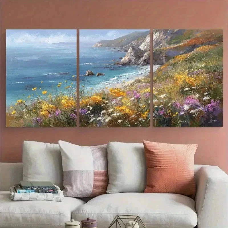 3pcs Coastal Landscape Wildflower Meadow Perfect Wall Art Set Canvas Framed 60x90cm - High Quality Print 100% Australian Made Wall Canvas Ready to Hang