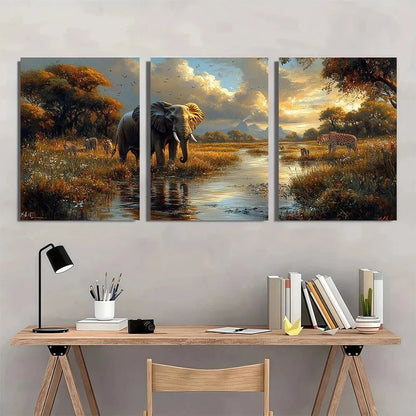 3pcs Jungle Animals Scene with Elephant Metal Print Ready to Hang Art