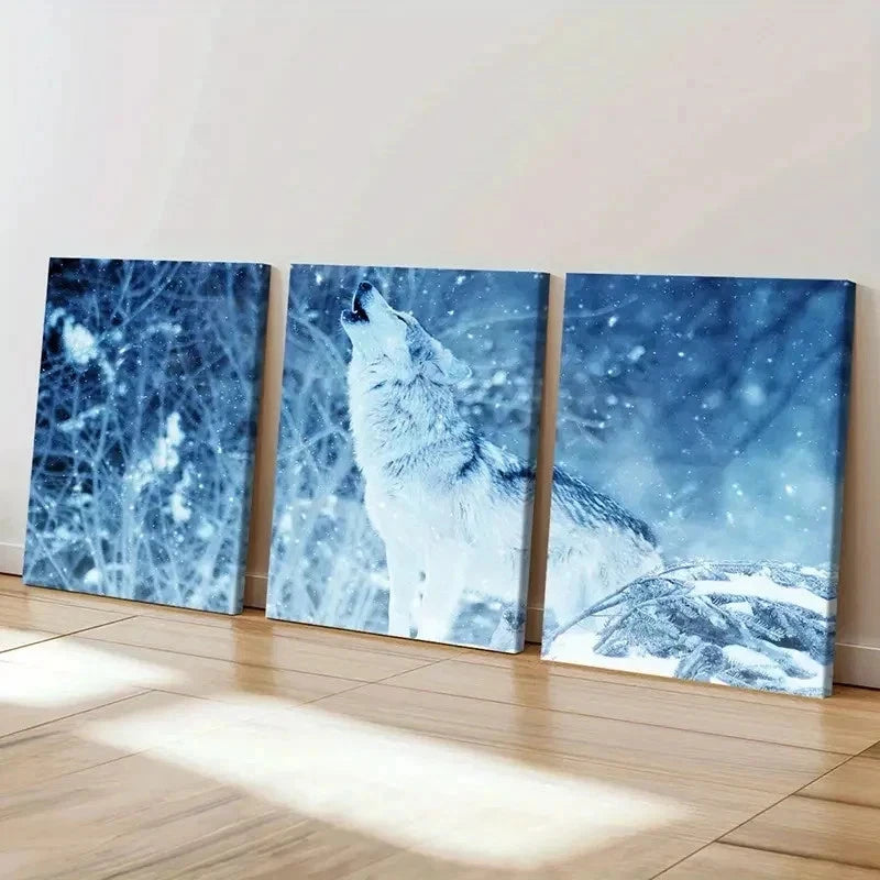 3pcs Wolf Howling In The Snow Decoration Wall Art Set Canvas Framed 40x60cm - High Quality Print 100% Australian Made Wall Canvas Ready to Hang