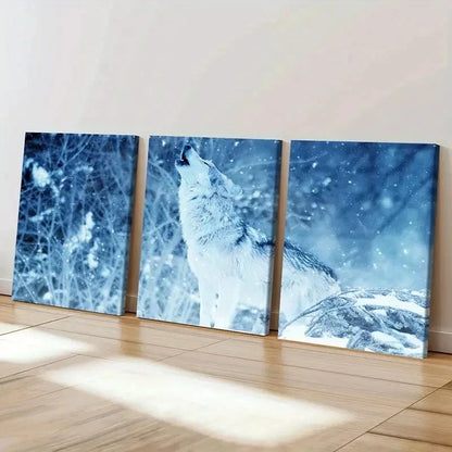 3pcs Wolf Howling In The Snow Decoration Wall Art Set Canvas Framed 40x60cm - High Quality Print 100% Australian Made Wall Canvas Ready to Hang