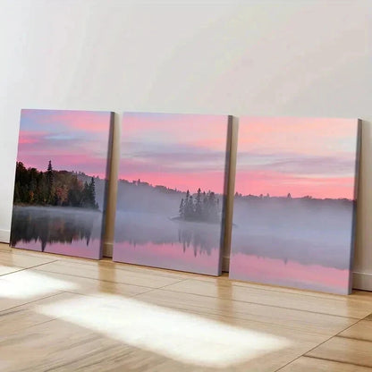 3pcs Lake Misty Forest Pink Sky Sunrise Wall Art Set Canvas Framed 40x60cm - High Quality Print 100% Australian Made Wall Canvas Ready to Hang