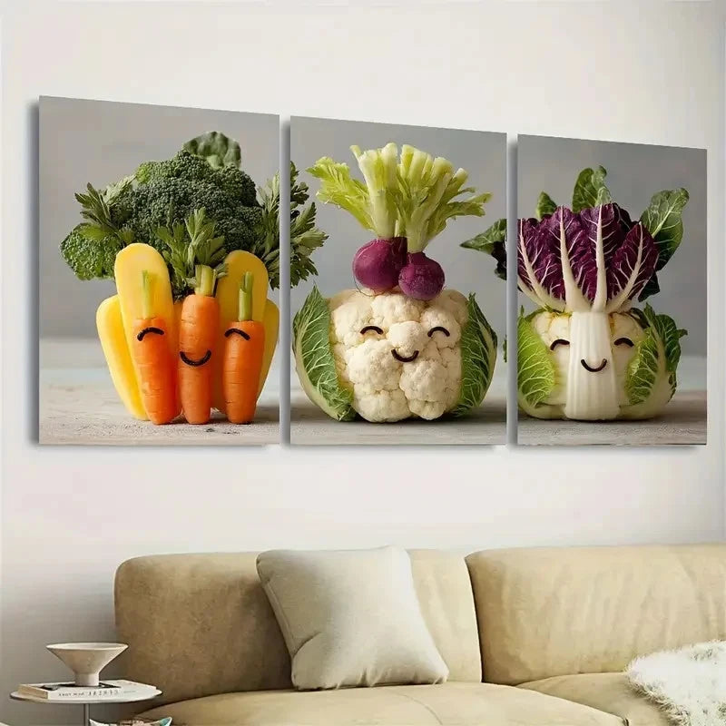 3pcs Funny Vegetables Kitchen Nursery Decor Art Wall Art Set Canvas Framed 50x70cm - High Quality Print 100% Australian Made Wall Canvas Ready to Hang