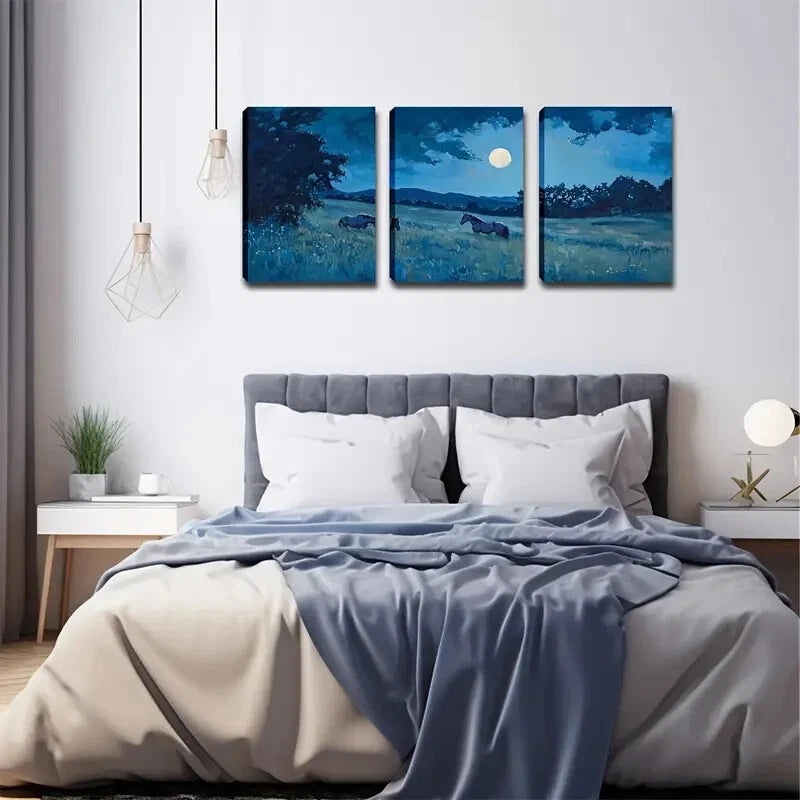 3pcs Realistic Horse and Moonlit Lands Perfect Wall Art Set Canvas Framed 40x60cm - High Quality Print 100% Australian Made Wall Canvas Ready to Hang